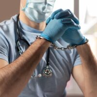 A medical officer, doctor, or quack in a blue medical uniform in handcuffs. The concept of crimes committed by medical personnel